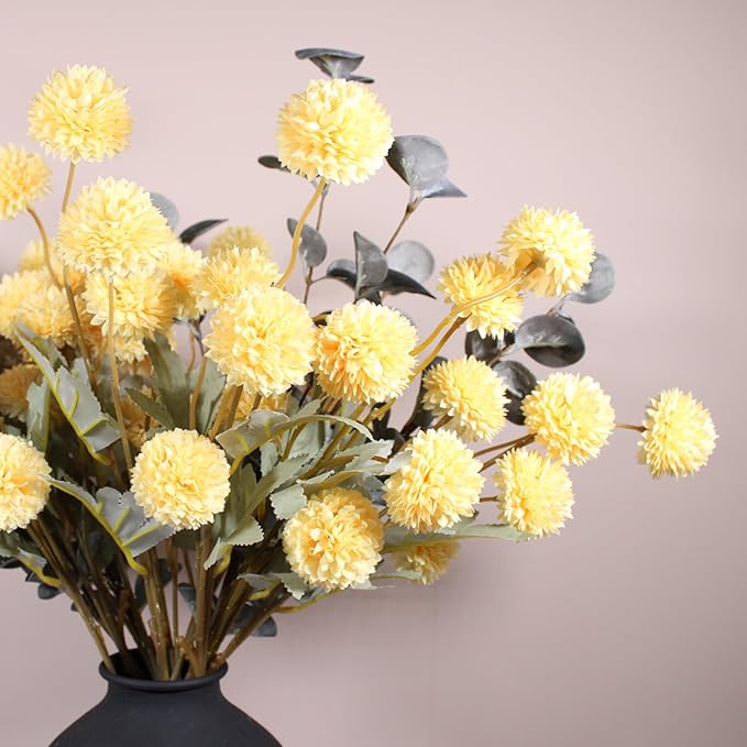 Yellow Flowers Artificial Long Stems Kiku Flower With Eucalyptus, Spring Flowers Decor, Mustard Yellow Decor, Flores Amarillas Artificiales Para Decoracion, Faux Easter Spring Summer Floral Stems-Ruum Studio Home