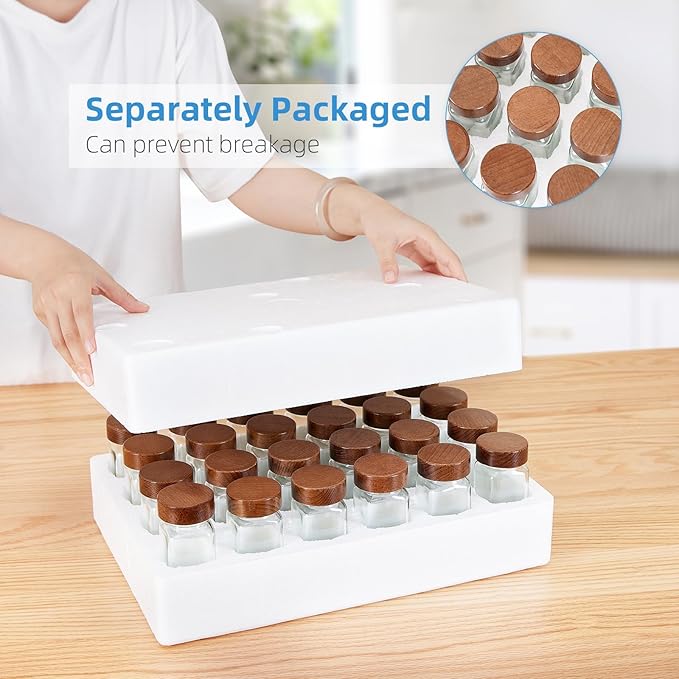Yangbaga 24Pcs Glass Spice Jars with Labels-4OZ Wood Lid Square Spice Containers with Pepper Grinder Lids &Funnel,Seasoning Jars for Rack Cabinet Drawer-Ruum Studio Home