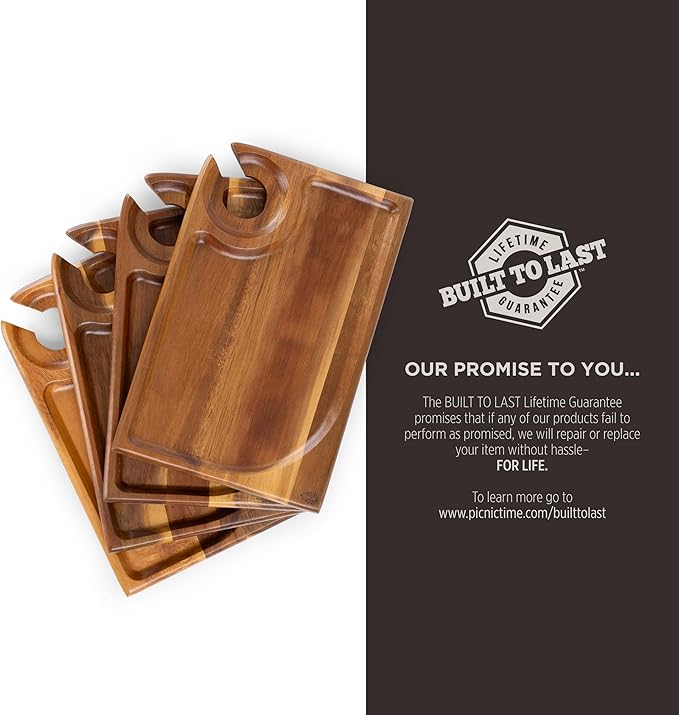 PICNIC TIME Rectangle Wine Appetizer Plates Set of 4, Cocktail Plate with Glass Holder, Cheese Board with Wine Holder, (Acacia Wood)-Ruum Studio Home