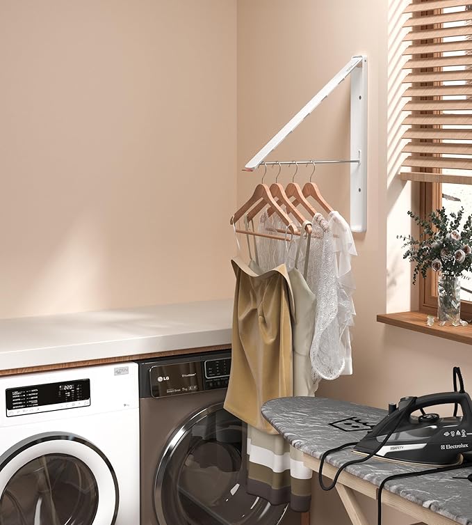 Dr.DJ Clothes Drying Rack Wall Mounted, Retractable & Foldable Clothes Hanger for Laundry Room Organization and Storage, Clothes Hanger Rack for Dorm, Closet, Balcony, Laundry Room(1P, Metal, White)-Ruum Studio Home