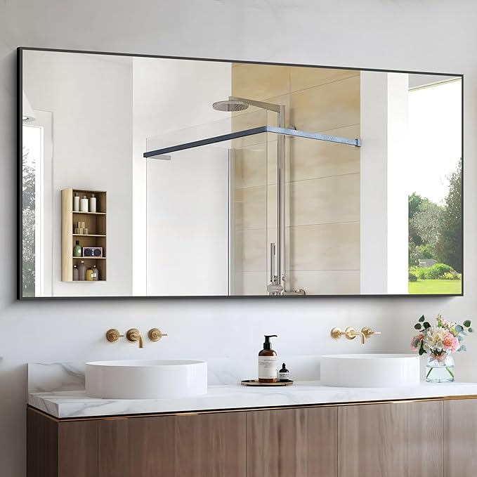 Black Bathroom Mirror for Wall, 60x36 Inch Rectangle Mirrors with Metal Frame, Large Modern Vanity Wall Mirror for Bathroom Living Room, Entryway Hangs Horizontal or Vertical-Ruum Studio Home