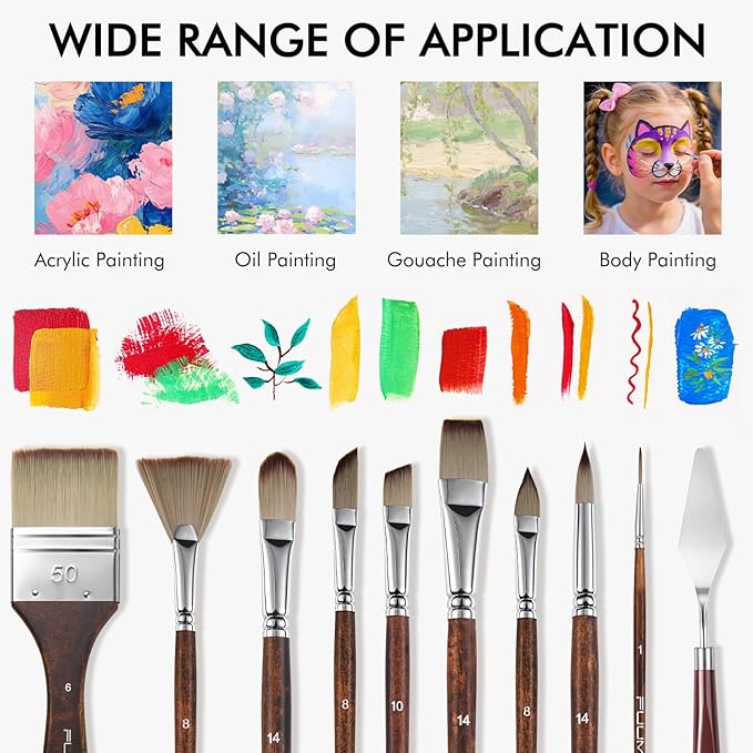 25pcs Paint Brush Set, Fuumuui Acrylic Paint Brushes, Professional Artist Series with Wide Flat, Filbert, Fan, Dagger, Cat Tongue, Round, Angle, Rigger for Oil, Acrylic Canvas Paintings, Face Painting-Ruum Studio Home