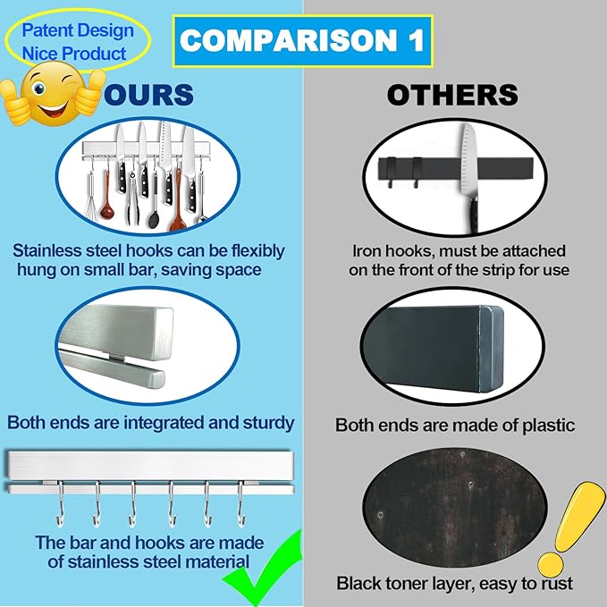 YIIYIIN 12" Premium 304 Stainless Steel Double-Sided Magnetic Knife Holder for Wall or Fridge -with Adhesive Strip, No Drill -6 Hooks Included for Kitchen Utensils-Ruum Studio Home