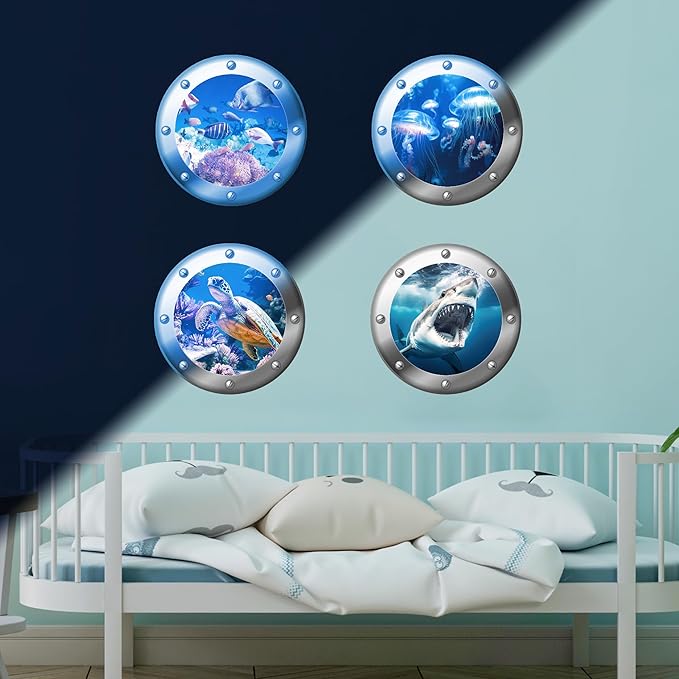 3D Ocean Animals World Wall Stickers Glow in The Dark, 4 Pcs Sharks Turtles Jellyfishs Removable Decals for Kids, Vinyl Stickers for Ceiling (Blue)-Ruum Studio Home