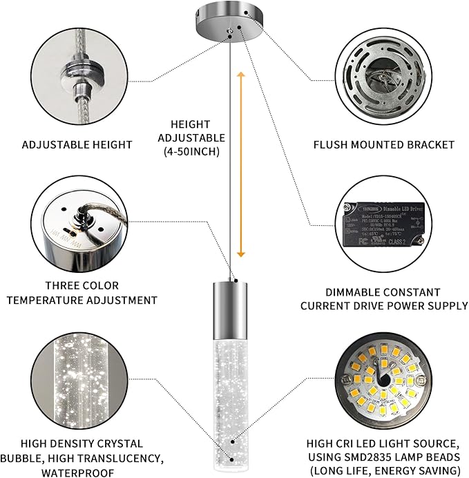 OKELI Modern Pendant Light,3 Color LED Bubble Crystal Island Light Fixtures,Chrome Mini Pendant Lighting for Kitchen Island,Bar,6W,3000-6000K,ETL-Ruum Studio Home
