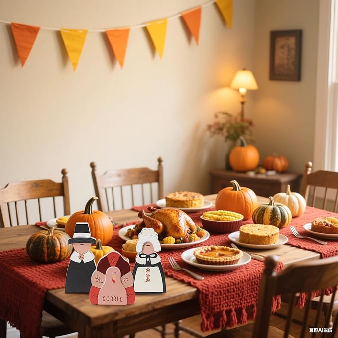 Amorita Fall Thanksgiving Decorations Wooden Turkey Pilgrim Couple Table Sign 3 Pcs Fall Thanksgiving Decor Standing Tabletop Sign Decor for Autumn Harvest - W-Ruum Studio Home