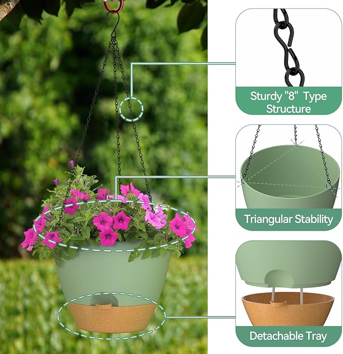 ZMTECH 12 Inch Hanging Planters for Indoor Outdoor Plants, 1 Pack Self Watering Hanging Plant Pots with Drainage Holes and Removable Saucer, Plastic Flower Hanging Pots with Watering Lip (Green)-Ruum Studio Home