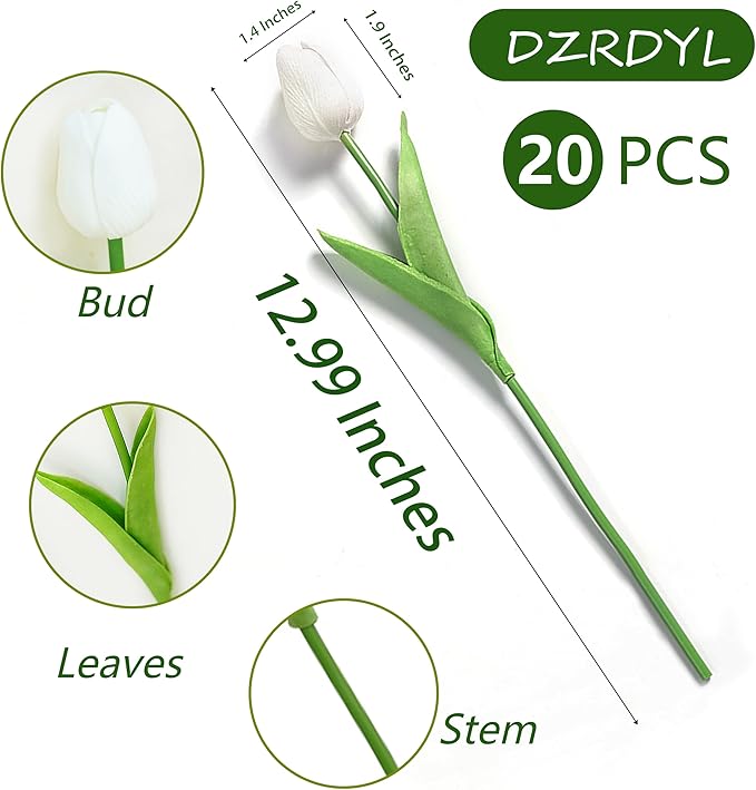 20pcs White Artificial Tulip Fake Flower 12.9 Inch Spring Mother's Day Easter Gift for Home Kitchen Wedding Decoration-Ruum Studio Home