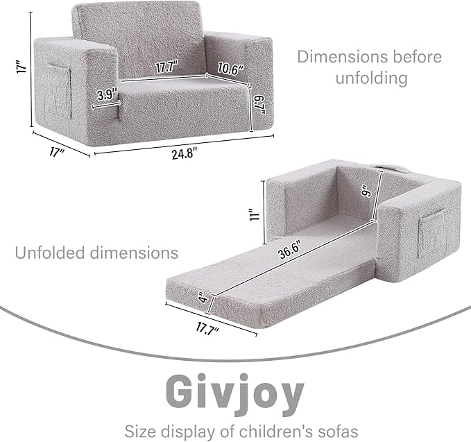 Toddler Chair Sherpa Kids Couch, 2-in-1 Toddler Soft Kids Sofa Toddler Lounger Chair for Bedroom, Convertible Toddler Couch for Girls and Boys, Reading Chair for Kids, Grey-Ruum Studio Home