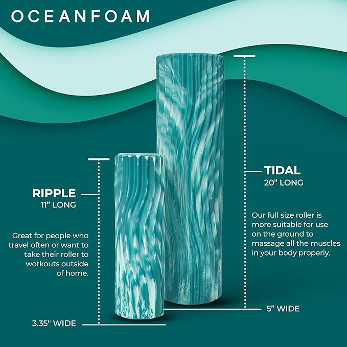 Oceanfoam Tidal Roller - Jade & Seafoam Marbled - Muscle Massage Foam Roller for Back Pain & Stretching - Firm and Ergonomic Wide Wave Textured - Yoga, Athletics, & Wellness - Full Size, 20" x 5"-Ruum Studio Home