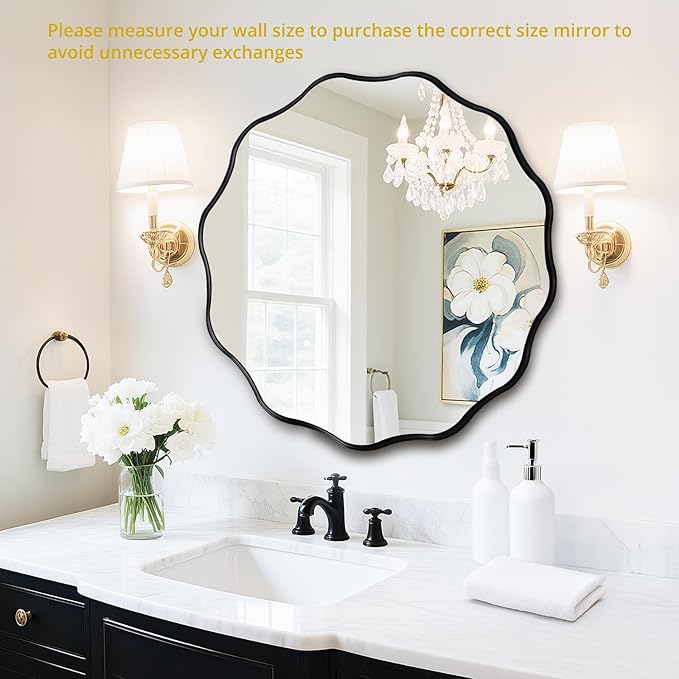 Fabuady Black Round Wavy Edge Mirror - 30'' Circle Wall Mirror with Metal Frame, Decorative Hanging/Leaning Mirror for Bathroom, Bedroom, Living Room, Hallway, Entryway, Office, Home Decor-Ruum Studio Home