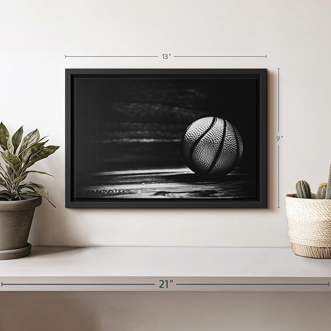 ElephantStock Basketball Wall Art - Horizontal Framed Canvas - 1-Piece Hallway Wall Decor - Photography sports Canvas Print - Black and Gray Decor for Wall - 13" X 9"-Ruum Studio Home