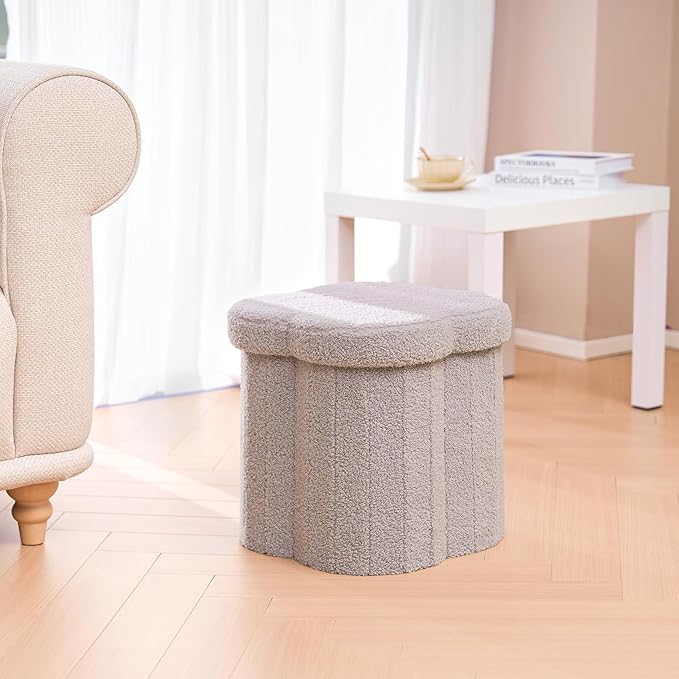 B FSOBEIIALEO Storage Ottoman Cube, Flowers Shaped Ottomans with Storage Foot Stool Footrest, Boucle Ottoman Seat for Dorm Room, Faux Teddy Fur, Grey 15"x15"x15"-Ruum Studio Home