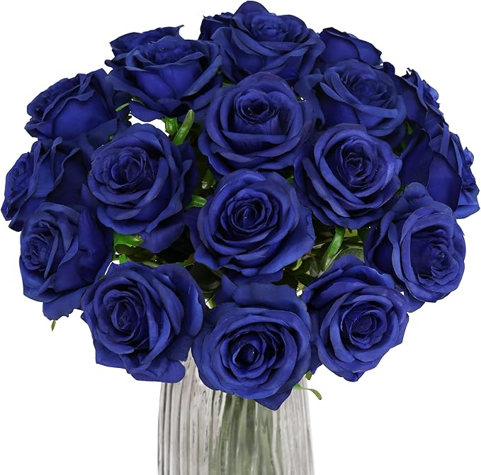Blue Fake Roses Artificial Flowers - 16 Pcs Fake Artificial Roses Silk Flowers with Stems for Home Wedding Hotel Office Centerpiece Decor（Navy Blue）-Ruum Studio Home