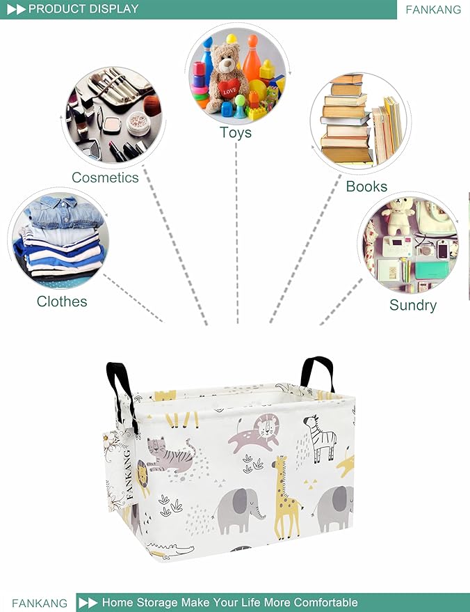 FANKANG Storage Bins, Nursery Hamper Canvas Laundry Basket Foldable with Waterproof PE Coating Large Storage Baskets for Kids Boys and Girls, Office, Bedroom, Clothes,Toys(Rec-Lovely Animals ）-Ruum Studio Home