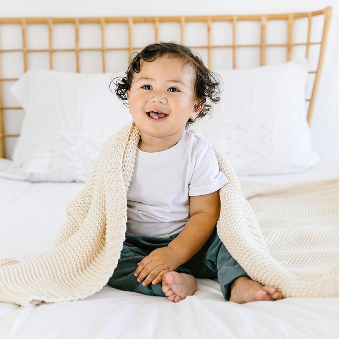 MakeMake Organics Organic Throw Blanket GOTS Certified Organic Cotton Blanket Chunky Knit Super Soft Cozy Fall Winter Large Adults Throw Blanket (50x60, Vanilla)-Ruum Studio Home
