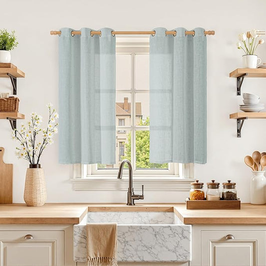 LAMIT Short Linen Curtains 40 Inches Long for Small Window, Bronze Grommet Linen Drapes Light Filtering Sheer Window Curtains for Kitchen, Set of 2 Panels (34 x 40 Inch, Greyish Blue)-Ruum Studio Home