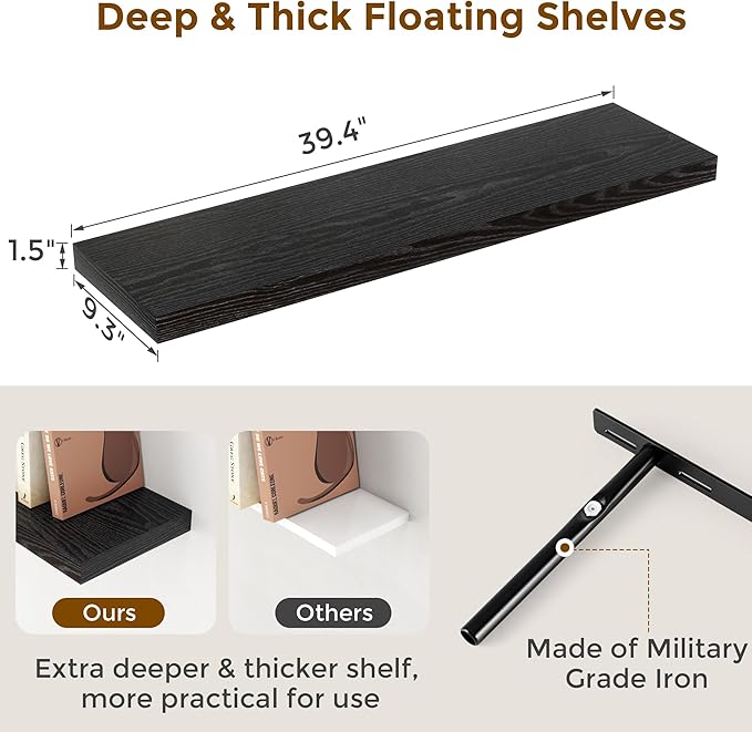 40 Inch Floating Shelves Black, 40" W x 9" D Floating Shelf Set of 2, Farmhouse Wood Wall Shelves for Bedroom, Kitchen, Wall Mounted Deep Shelving for Home Decor-Ruum Studio Home