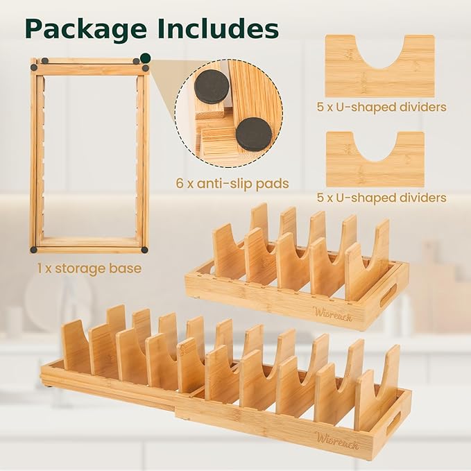 Bamboo Pot Lid Organizer, Adjustable Kitchen Organizer for Cabinet, Expandable Pot and Pan Storage Rack, Kitchen Organization for Lids, Bakeware, and Cutting Boards-Ruum Studio Home