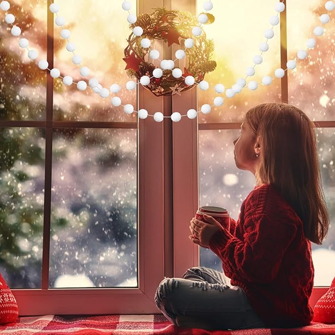 Jishi 3pk White Felt Pom Pom Garland Christmas Tree Decorations Indoor Home Decor, Cute Winter Wonderland Snow Ball Ornaments, Hanging String Pompom Snowball Beads, Xmas Holiday Birthday Party Banners-Ruum Studio Home