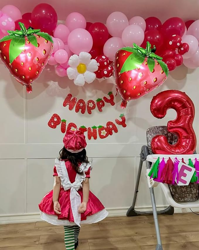 Strawberry Balloons Arch Garland Kit, 135PCS Red and Pink Balloons with Strawberry Daisy Foil Balloons for Sweet Girl Berry First Birthday Decor Baby Shower Themed Party Decorations-Ruum Studio Home