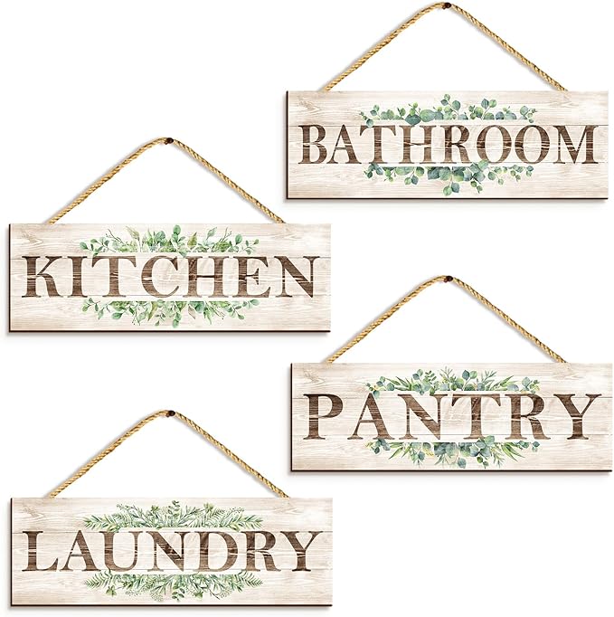 Bathroom Kitchen Laundry Pantry Sign Wall Decor 4 Piece, Wall Art with Plant Print, Rustic Farmhouse Wall Hanging Plaque Home Kitchen Decorative Bathroom, 4.7 x 13.7 inches-Ruum Studio Home