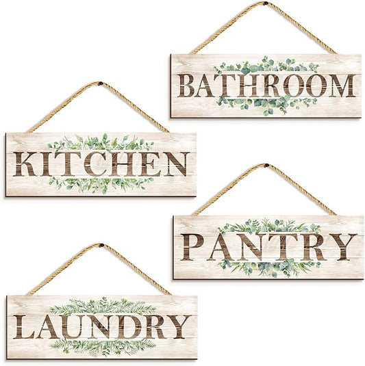 Bathroom Kitchen Laundry Pantry Sign Wall Decor 4 Piece, Wall Art with Plant Print, Rustic Farmhouse Wall Hanging Plaque Home Kitchen Decorative Bathroom, 4.7 x 13.7 inches-Ruum Studio Home
