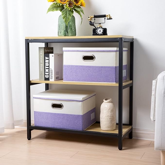 PRANDOM Large Foldable Storage Bins with Lids [3-Pack] linen Fabric Decorative Storage Boxes Organizer Containers Baskets Cube with Handles Divider for Bedroom Closet Purple&Cream(17.7x11.8x11.8)-Ruum Studio Home