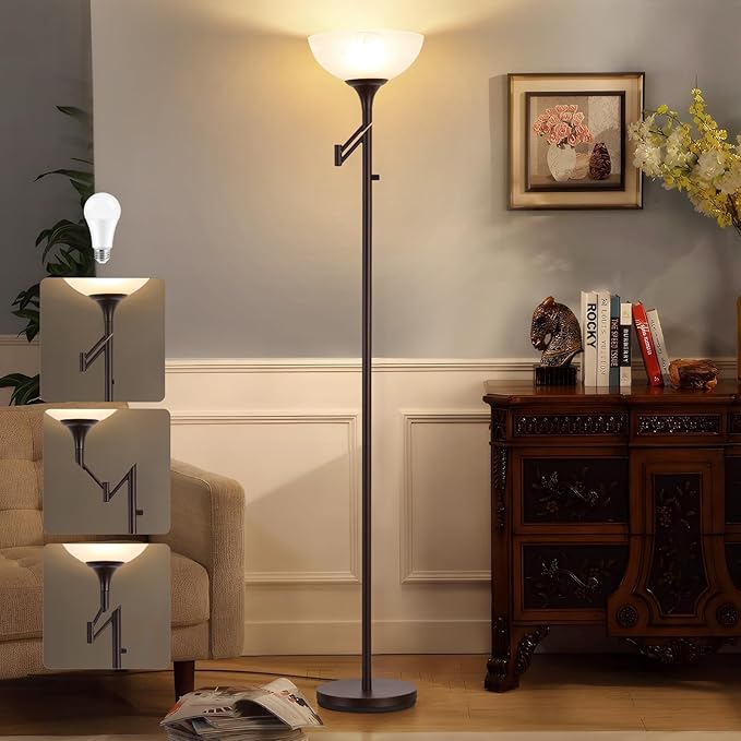 Floor Lamps for Living Room Bronze, 71" Tall Standing Lamp with Glass Shade, Vintage Floor Lamp with 350°Adjustable Swing Arm Lamp, Pole lamp for Bedroom, Living Room, Office, Bulbs Included-Ruum Studio Home