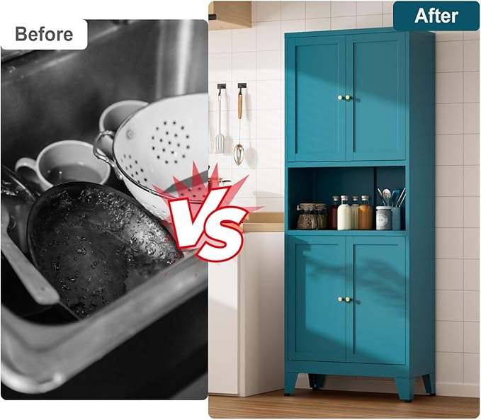 69" Tall Kitchen Pantry Cabinet, Metal Storage Cabinet with 4 Doors and Adjustbale Shelves, Freestanding Cupboards for Dining Room, Living Room, Bathroom-Ruum Studio Home