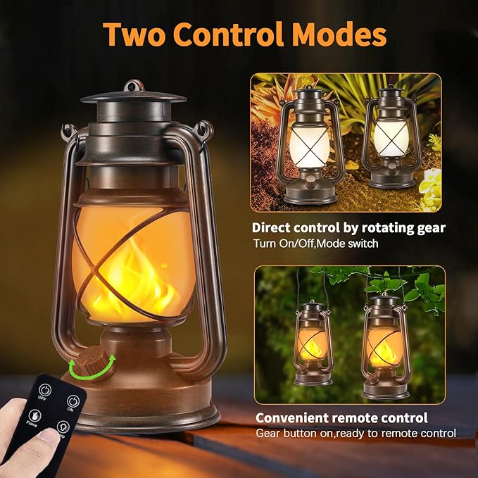 Battery-Powered 2 Modes Lighting LED Vintage Lanterns Decorative Outdoor & Indoor, 2 Pack Bronze Lights with Dancing Flame, Waterproof Remote Control Retro Lanterns Decor for Room,Garden,Porch-Ruum Studio Home