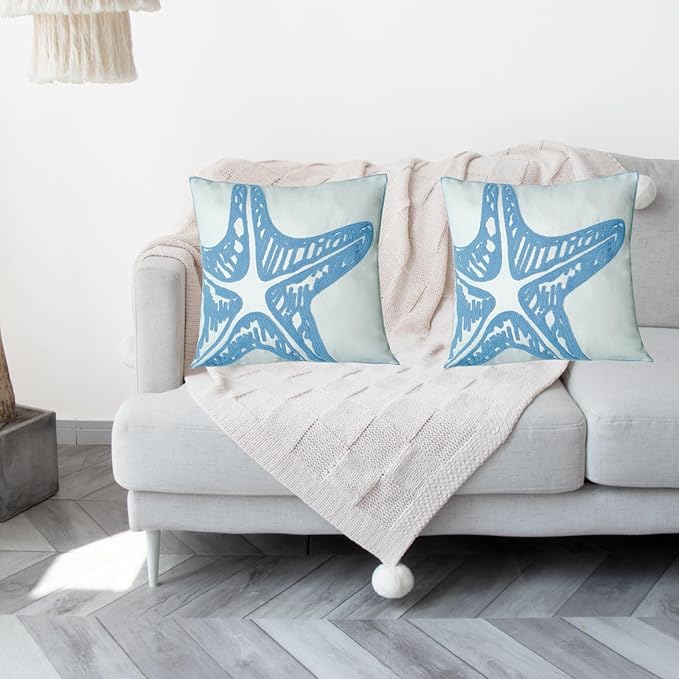 Embroidered Decorative Throw Pillow Cover, 18"x18" Set of 2, Farmhouse Pillowcase Blue Sea Star Knit Pattern Cotton Canvas Cushion Case Square Floral Pillow Case for Sofa Couch Bed Living Room-Ruum Studio Home