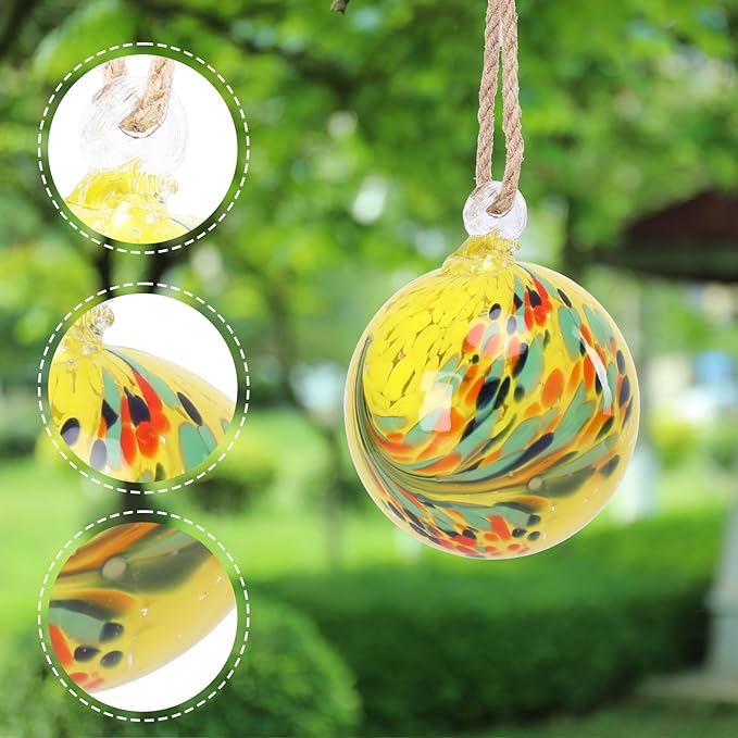 VCUTEKA Hanging Garden Gazing Ball, Hand-Blown Glass Witch Ball for Outdoor Garden Décor, 6" Yellow Swirl-Ruum Studio Home