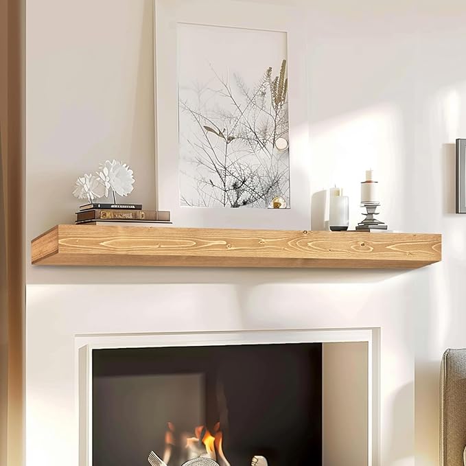 48x8x3 Fireplace Mantel - Handcrafted Hollow Rustic Solid Wood Wall Mounted Floating Shelf with Invisible Heavy Duty Wood Bracket (Natural Wood)-Ruum Studio Home
