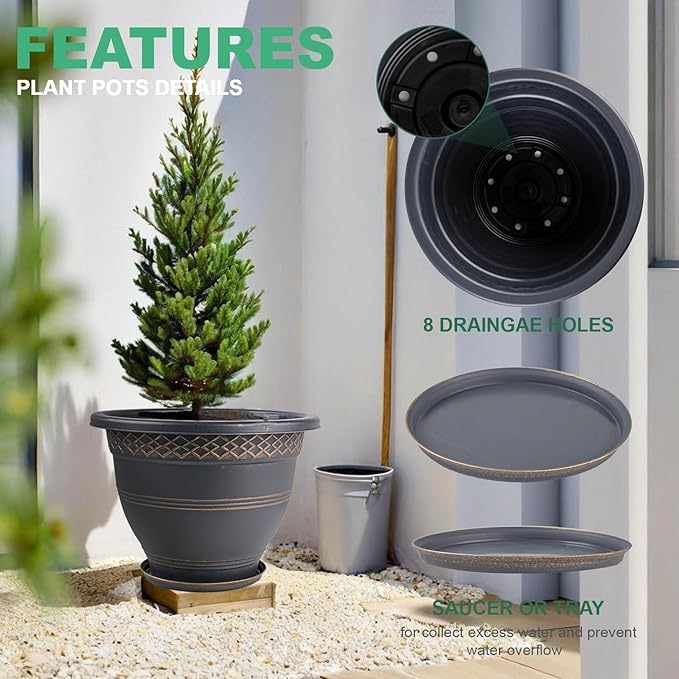 4 Pack 16 Inch Large Plant Pots, Plastic Flower Pot for Indoor & Outdoor with Drainage Holes & Saucer, Plaid Pattern Planters Garden Pots for Herbs Gold-Ruum Studio Home