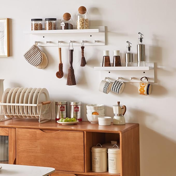 Wood Coat Hook with Wall-Mounted Shelf,23.62in Entryway Wall Hanging Shelf,for Bathroom, Kitchen,Coat Towel Key Organizer White YD-WS0260W-Ruum Studio Home