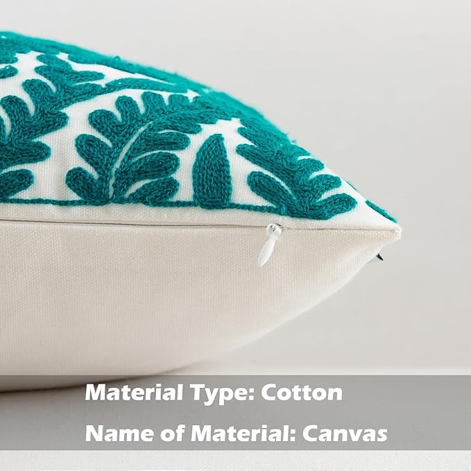 HWY 50 Teal Decorative Throw Pillow Covers 18x18 Inch (1 Piece), Embroidered Cotton Farmhouse Cushion Cover Pillow Case for Sofa Couch Living Room Bed Bedroon, Floral Branches-Ruum Studio Home