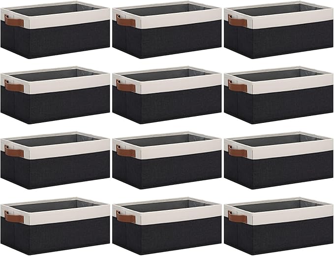 GhvyenntteS Storage Baskets for Shelves 12 Pack, Fabric Storage Bins with Leather Handles, Foldable Rectangular Storage Baskets for Organizing Home, Office (Black/White, 11.8" x 7.87" x 5.11")-Ruum Studio Home