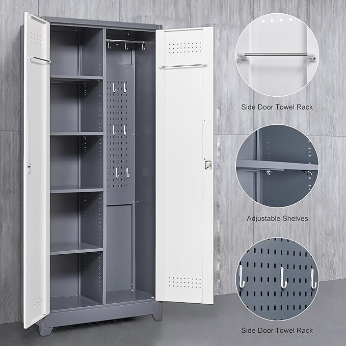 Garage Storage Cabinet,Broom Closet with Lock,Locking Cabinets with Hanging Rod & S-Hooks for School,Garage,Grey-White-Ruum Studio Home