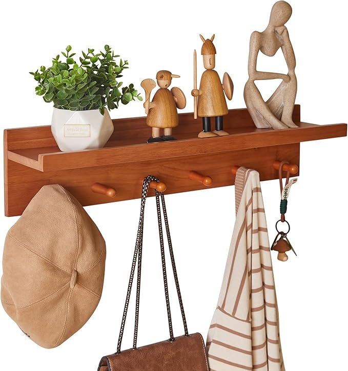 Wall Mounted Hook with Shelf,23.62in Entryway Wall Hanging Shelf,Solid Wood Coat Hooks,for Bathroom, Kitchen,Cherry Wood Color YD-WS0260C-Ruum Studio Home