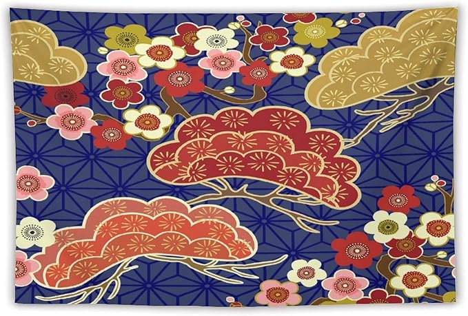 HZOHNAGO Japanese Tapestry Art Abstract Colorful Cherry Blossom Blue Background Pattern Printed Wall Tapestry Painting Wall Hanging for Bedroom Living Room Dorm 60" W x 40" H-Ruum Studio Home