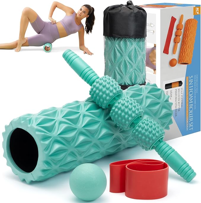 5 in1 Foam Roller Set, Trigger Point Foam Roller, Massage Roller Stick, Massage Ball, Resistance Band for Deep Muscle Massage Pilates Yoga,Fitness Exercise for Whole Body (Pure Turquoise)-Ruum Studio Home