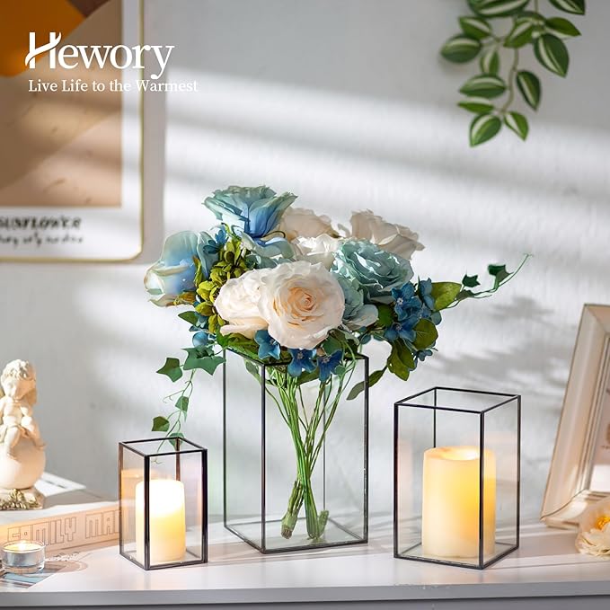 Glass Hurricane Candle Holder Large - Hewory 6pcs Black Rectangle Flower Holders Centerpiece for Table, Tall Floor Square Pillar Candle Lantern for Wedding, Anniversary, Party, Fireplace, Dining Room-Ruum Studio Home