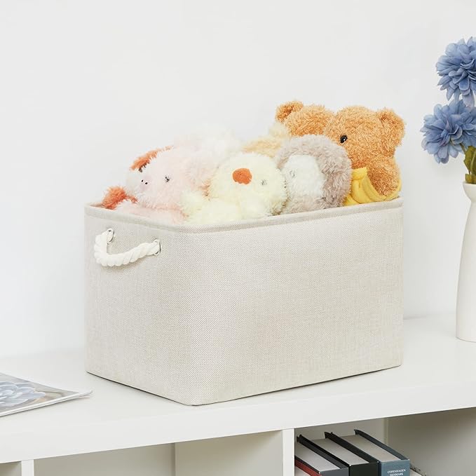 Bidtakay Baskets Collapsible Large Toy Storage Baskets for Organizing Set of 3 Closet Organizer Linen Cream Storage Bins 15 X 11 X 9.5 Inch Shelf Organizer Bins for Nursery Storage (Light Beige)-Ruum Studio Home