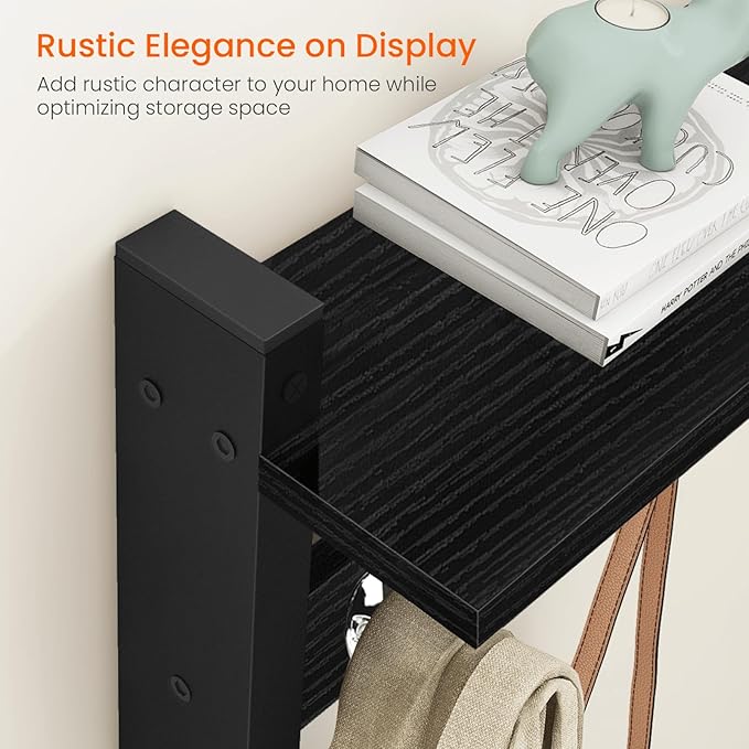 Homode Wall Coat Rack With Shelf, Wood Entryway Hanger With Hooks, Small Floating Pegs for Hanging Coats, Hats, Purses, Backpacks, Black-Ruum Studio Home