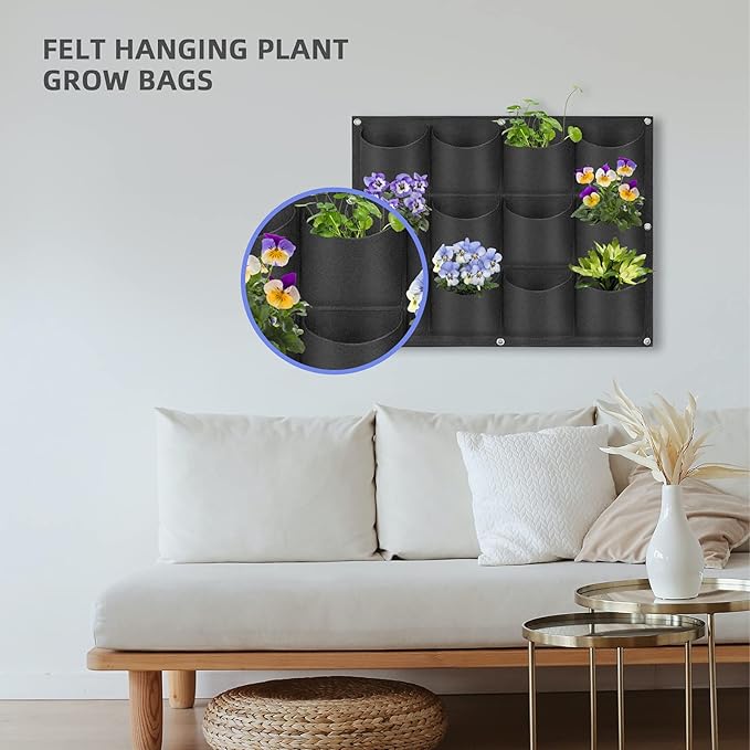 12 Pockets Hanging Planter Bags, Hanging Vertical Wall Mounted Plant Planting Grow Bags, Herb Garden Planter Outdoor Indoor Growing Bag, Gardening Vertical Greening Flower Container(0.6m×0.8m, Black)-Ruum Studio Home