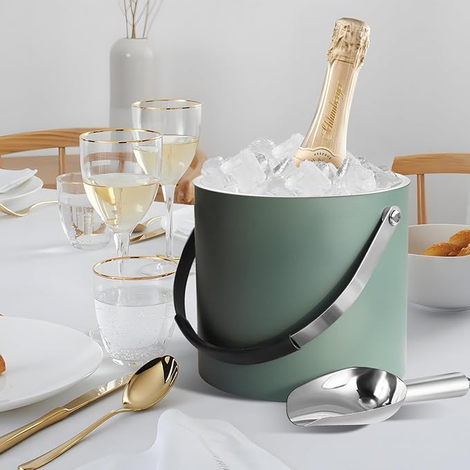 3L Ice Bucket with Silicone Lid, Scoop, Tongs & Strainer, Stainless Steel Double Wall Insulated Ice Buckets for Parties & Cocktail Bar, Outdoor Champagne Ice Container Bin, Dusty Green-Ruum Studio Home