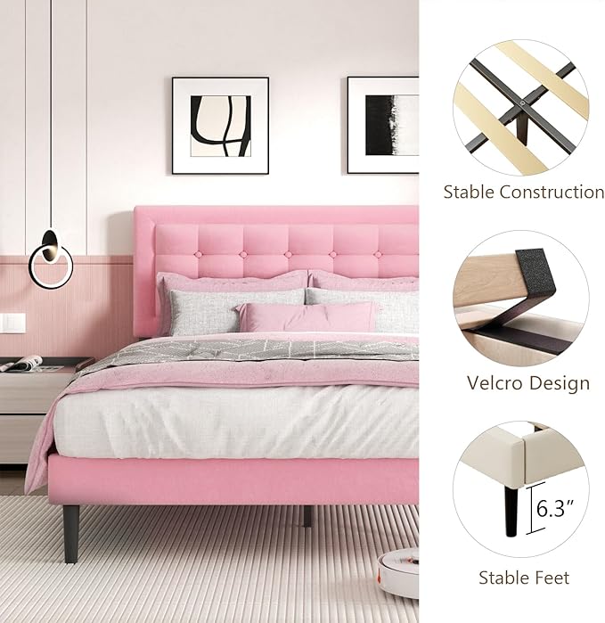 King Size Bed Frame with Headboard, Platform Bed Frame with Velvet Upholstered Button Tufted Headboard, Wood Slats Support, No Box Spring Needed, Mattress Foundation, Easy Assembly, Pink-Ruum Studio Home