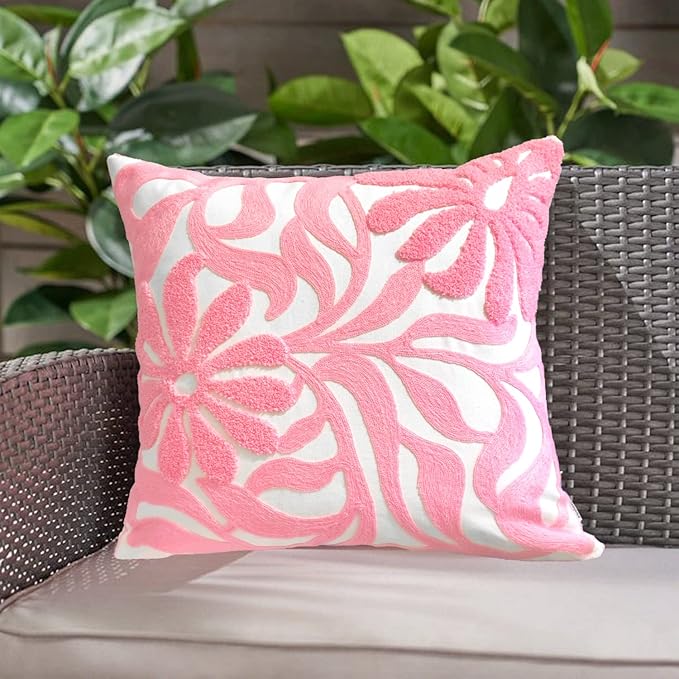 Alysheer Farmhouse Floral Leaves Embroidered Decorative Throw Pillow Cover 18x18 inches, Boho Tufted Flowers Embroidery Pattern Chic Cotton Cushion Case for Couch Bed Sofa Living Room(Light Pink)-Ruum Studio Home