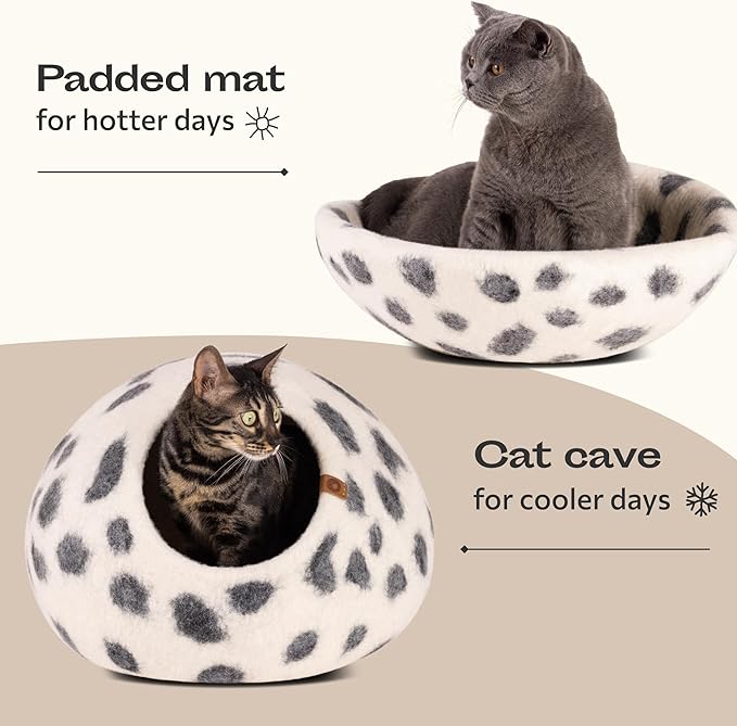 MEOWFIA Cat Cave – Premium Felt Cat Bed for Indoor Cats, Handmade 100% Merino Wool (Medium, Snow Leopard)-Ruum Studio Home